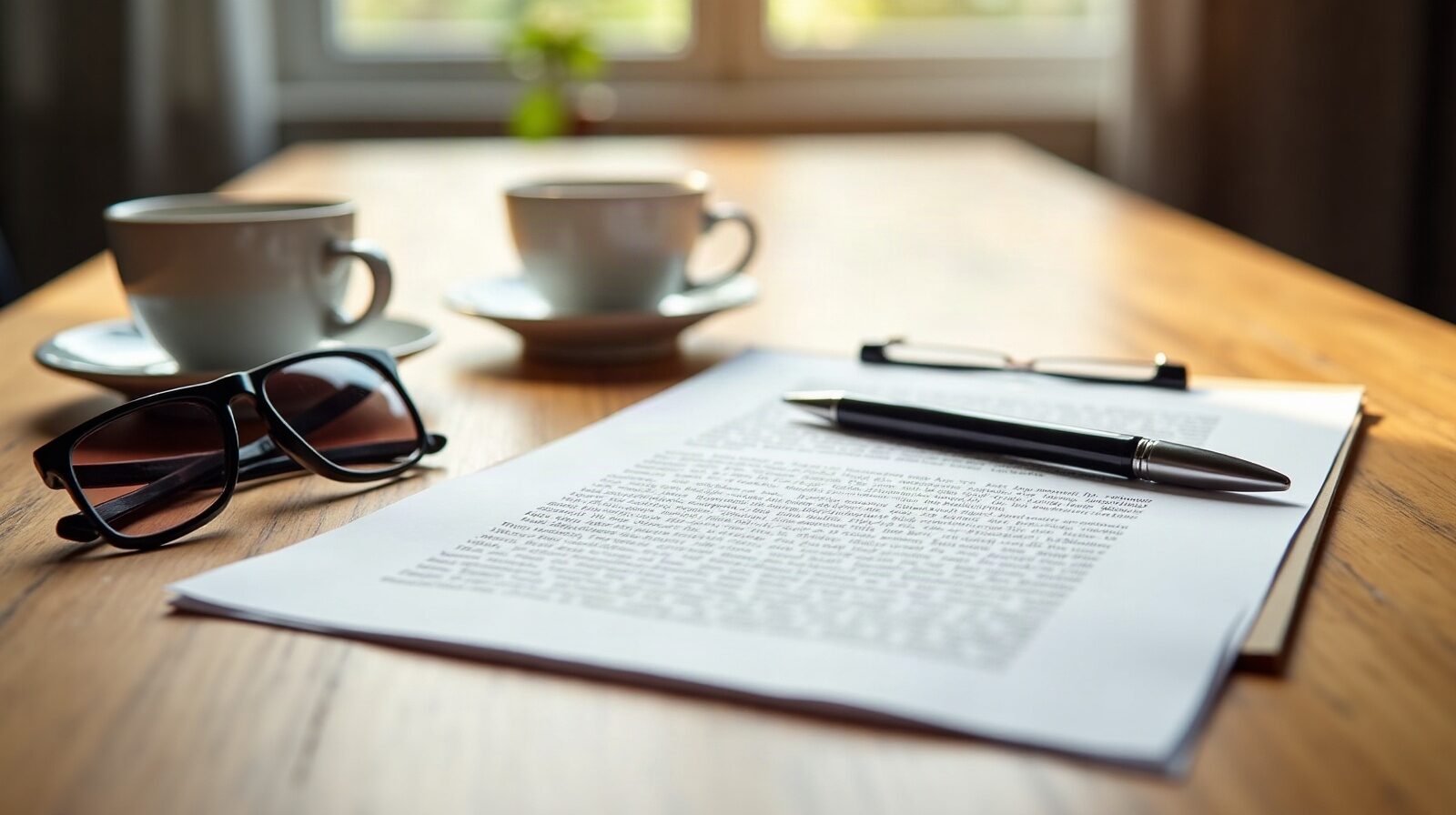 Contrat imprimé ouvert sur une table de réunion, stylo posé en travers des pages, tasses et lunettes à côté