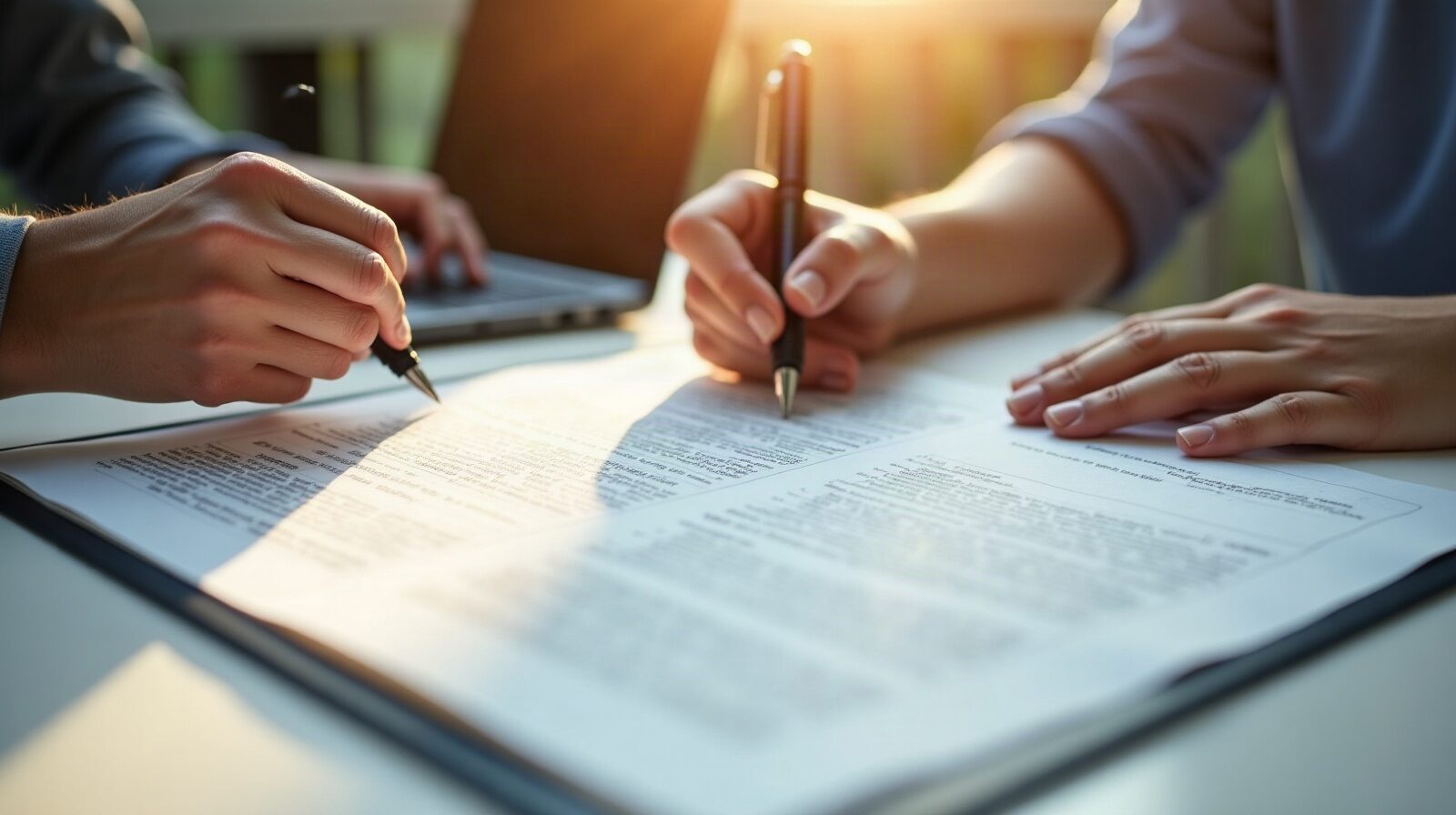 Document contractuel ouvert sur un bureau, annoté avec un stylo et des marque-pages colorés