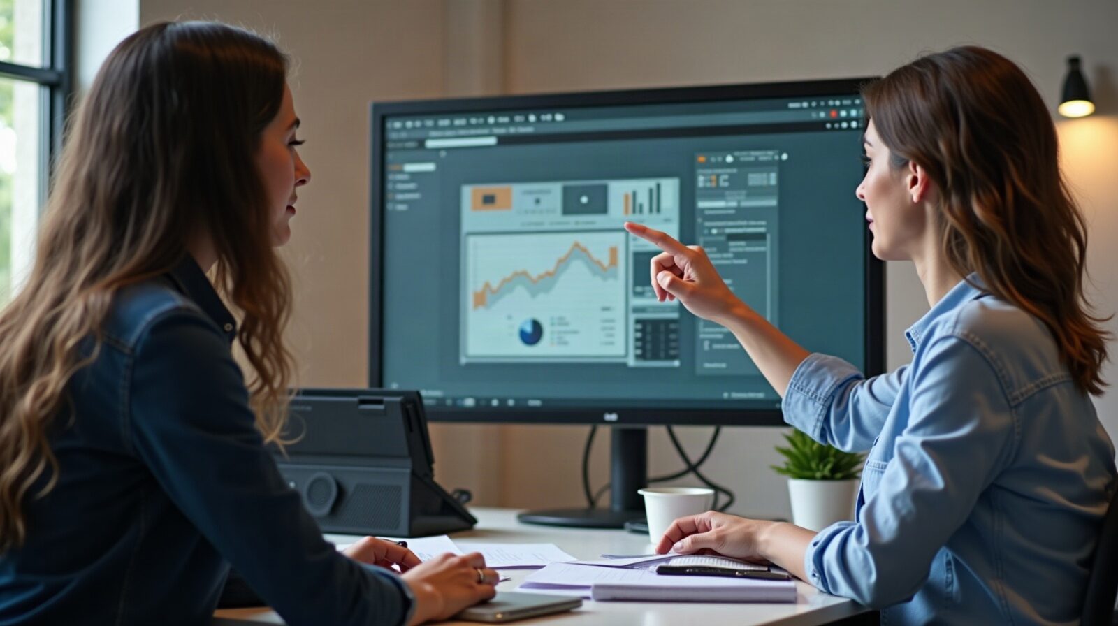 Deux personnes devant un écran de bureau, l'une désignant un graphique du doigt